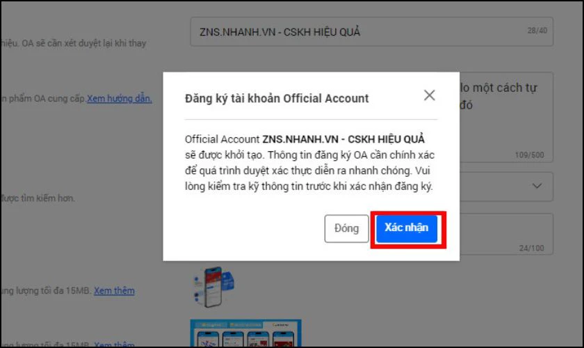 Chọn tiếp v&agrave;o n&uacute;t X&aacute;c nhận đăng k&yacute; t&agrave;i khoản OA của bạn