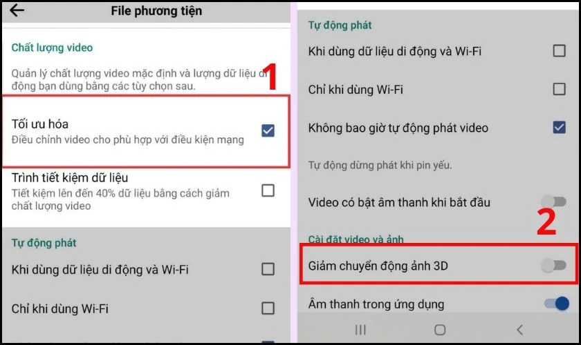 Nhấn n&uacute;t Bật Tối ưu h&oacute;a v&agrave; Tắt giảm chuyển động ảnh 3D