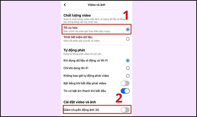 C&agrave;i đặt video v&agrave; ảnh, bạn ấn chọn chất lượng video tối ưu h&oacute;a