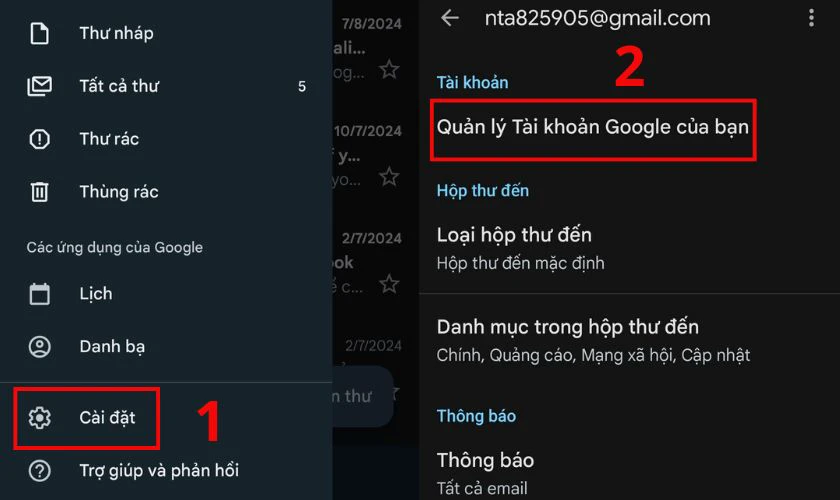Nhấn vào Quản lý tài khoản Google của bạn