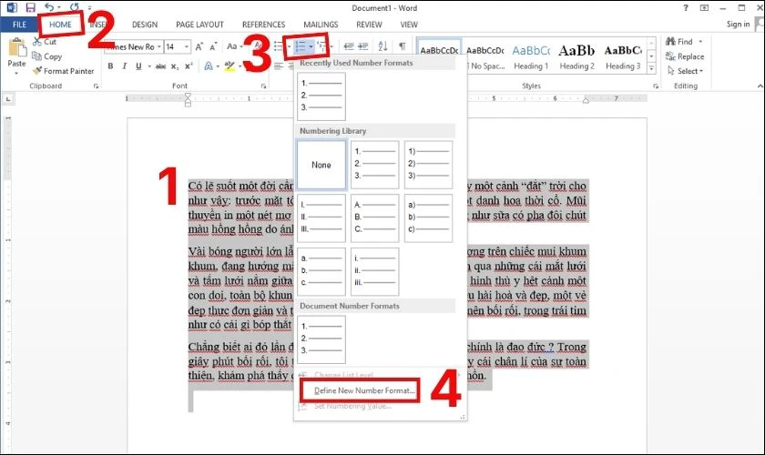 Cách đánh số thứ tự cho nội dung không nằm trong bảng Word