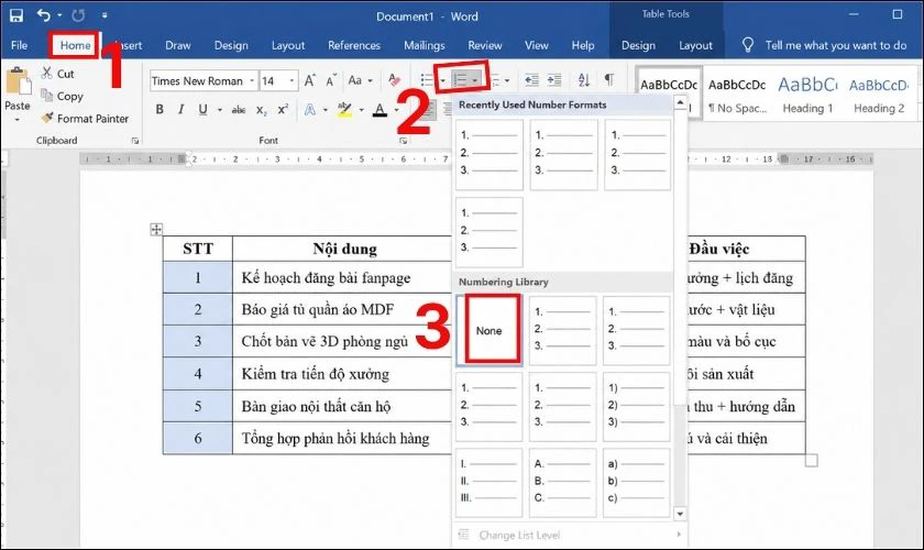 Cách xóa đánh số thứ tự trong Word