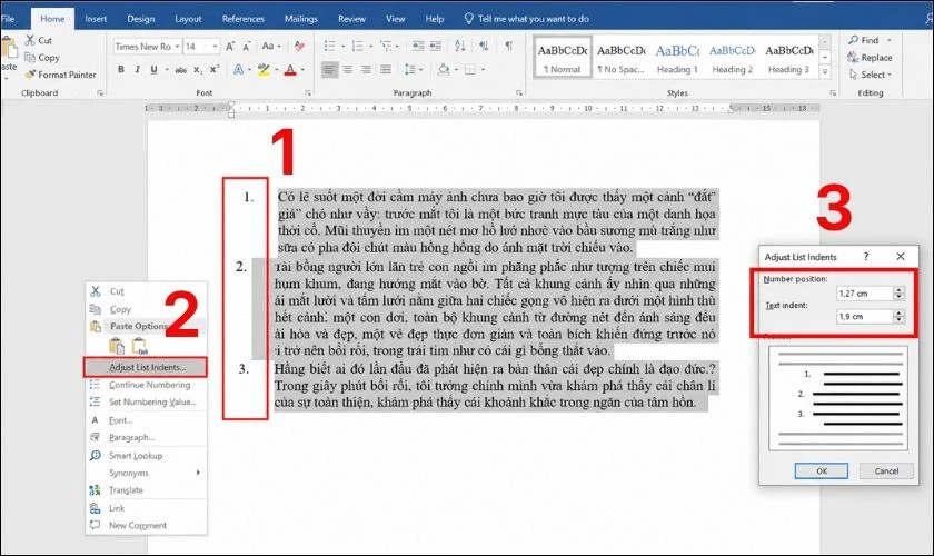 Số thứ tự bị lệch lề hoặc sai cấp