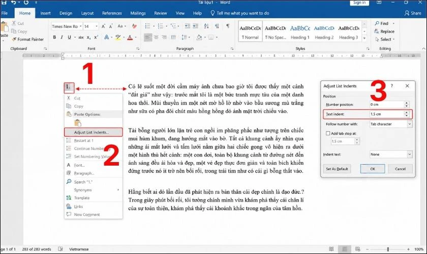 Khoảng cách giữa số thứ tự và chữ quá xa nhau
