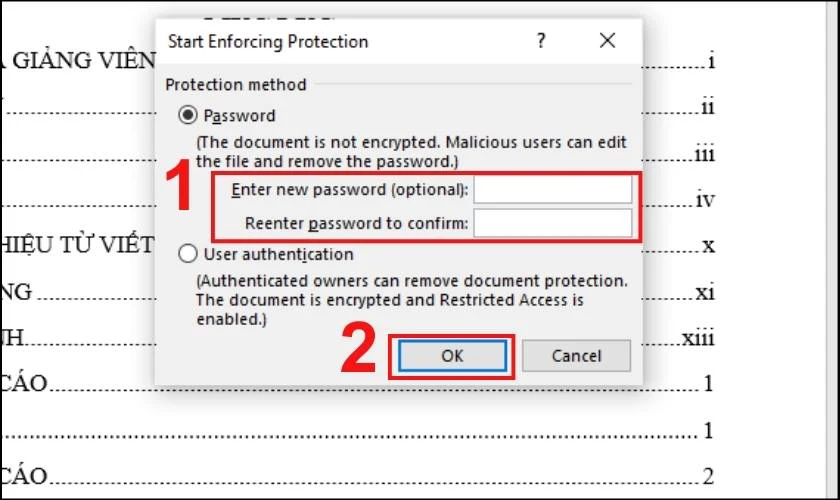 Nhập v&agrave; x&aacute;c nhận Password tr&ecirc;n Word