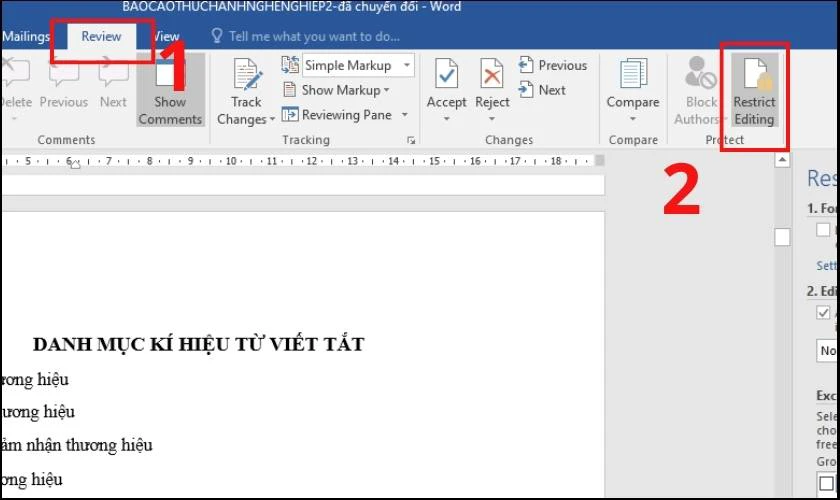  Hướng dẫn chọn mục Review v&agrave; chọn v&agrave;o Restrict Editing.