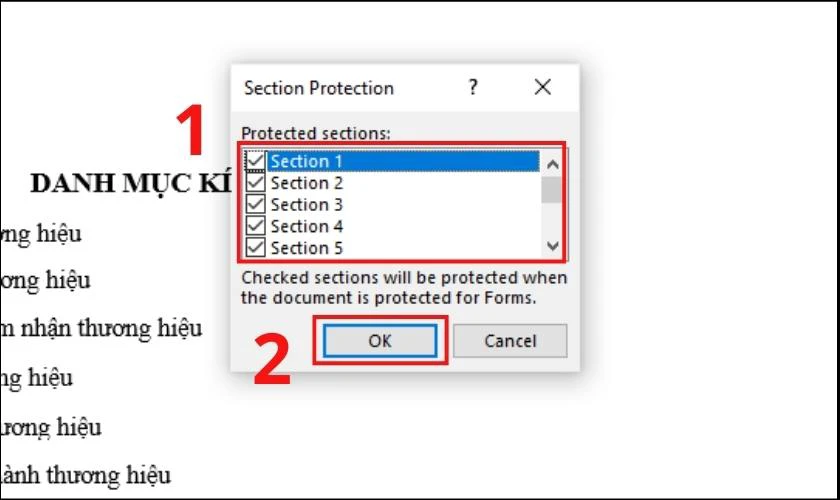 Chọn c&aacute;c Section m&agrave; bạn muốn đặt mật khẩu 