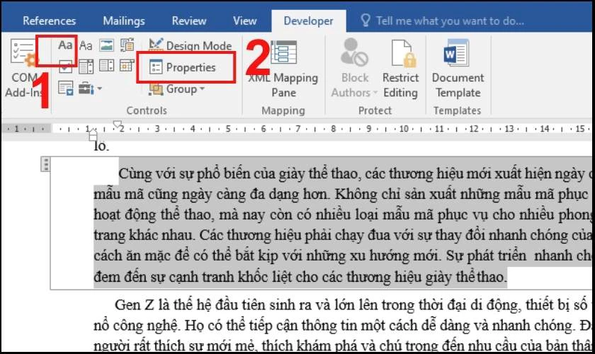  Thao t&aacute;c thực hiện chọn v&agrave;o &ocirc; Properties 