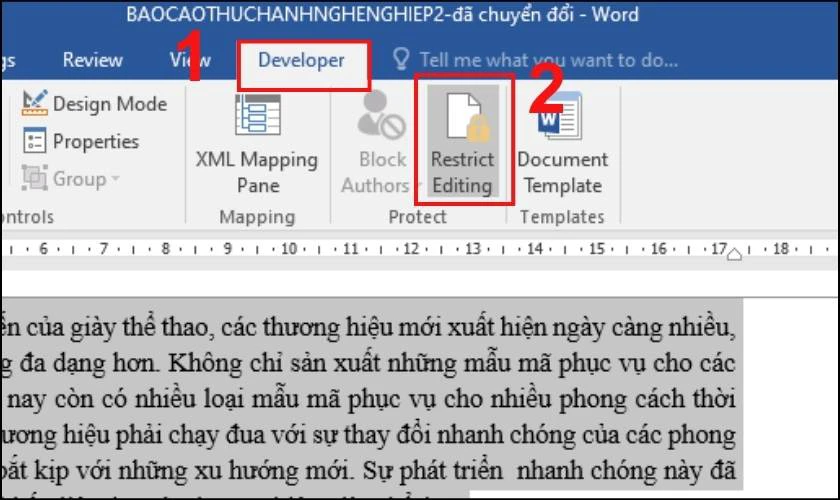 C&aacute;c thao t&aacute;c chọn v&agrave;o thẻ Developer 