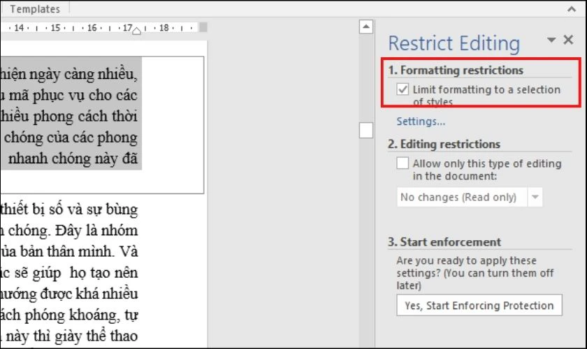 Hộp thoại Formatting restrictions