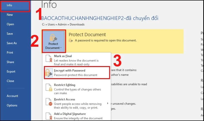 C&aacute;c thao t&aacute;c thực hiện gỡ mật khẩu tr&ecirc;n giao diện Word
