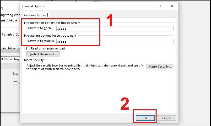 Thực hiện thiết lập 2 mật khẩu cho file Word