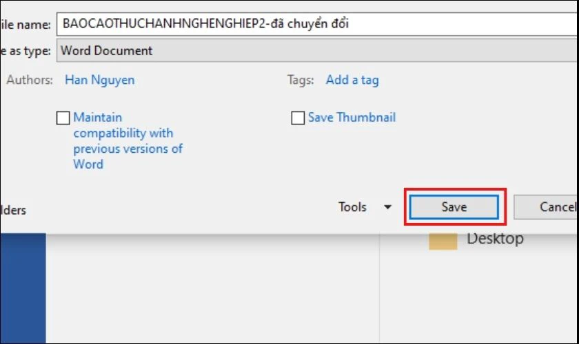  Chọn Save để kết th&uacute;c việc đặt mật khẩu cho file Word
