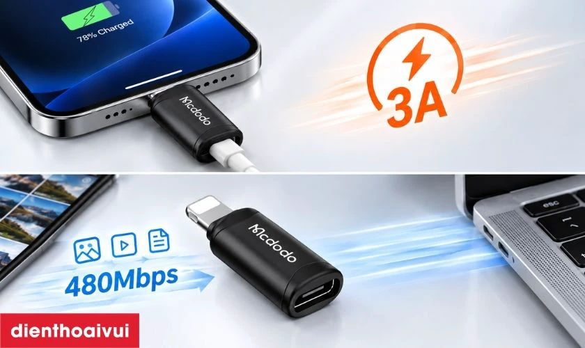 Khả năng hỗ trợ sạc v&agrave; truyền dữ liệu của đầu chuyển MCDODO OT-7680