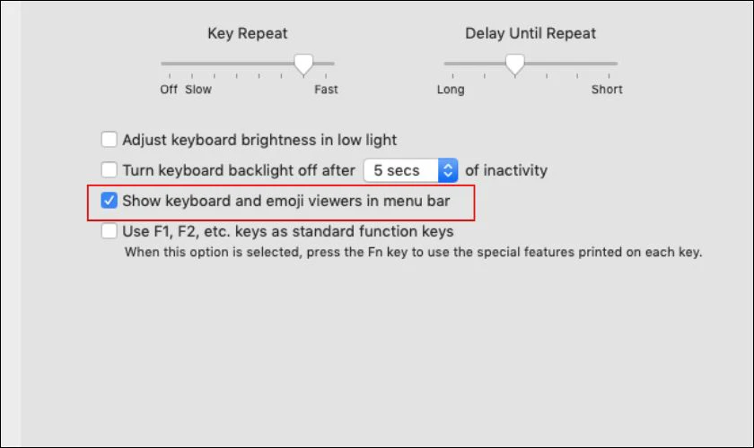 Click chọn v&agrave;o mục Show Keyboard and Emoji viewers in menu bar