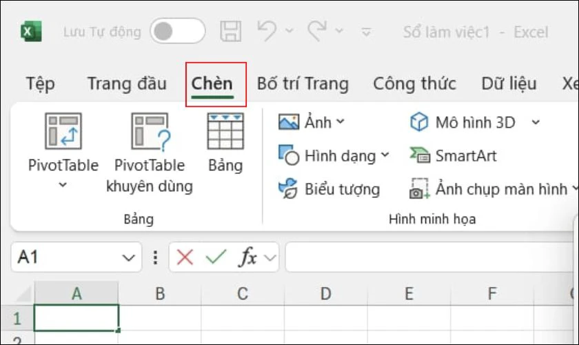 Cchọn v&agrave;o &ocirc; muốn ch&egrave;n dấu, tr&ecirc;n thanh menu của Excel, nhấn v&agrave;o Insert (Ch&egrave;n)