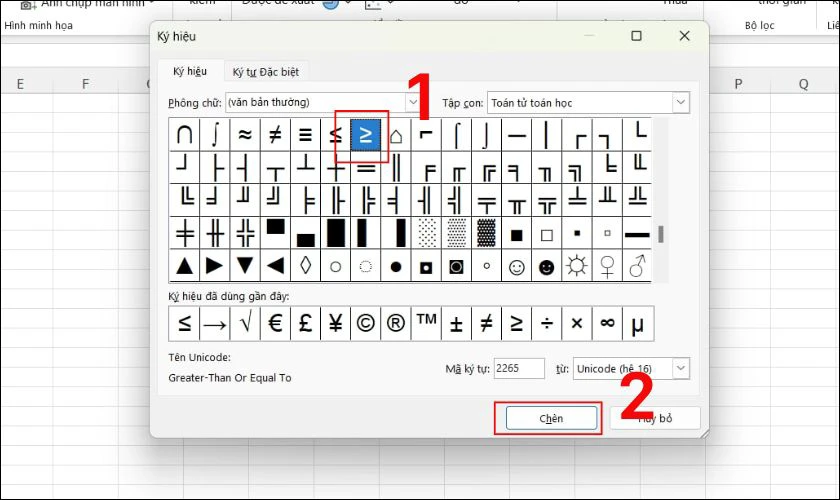 Hướng dẫn g&otilde; dấu lớn hơn hoặc bằng trong Excel