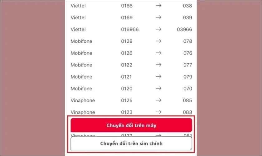 chọn Chuyển đổi tr&ecirc;n m&aacute;y hoặc chọn Chuyển đổi tr&ecirc;n sim