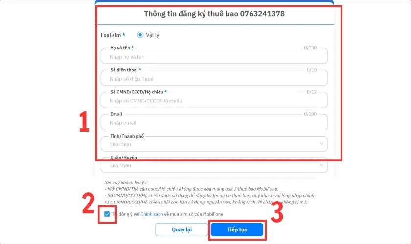 Điền đầy đủ th&ocirc;ng tin theo y&ecirc;u cầu v&agrave; nhấn Tiếp tục