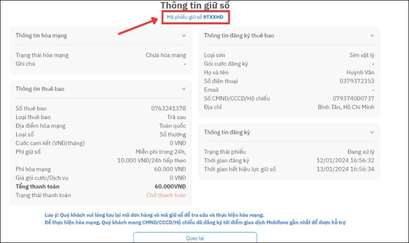Website sẽ hiện M&atilde; phiếu giữ số của bạn