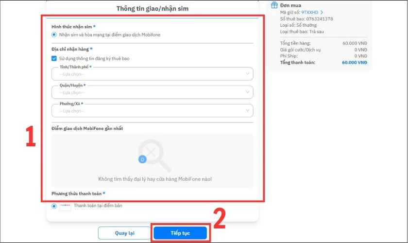 Chọn Địa chỉ nhận hàng và Điểm giao dịch MobiFone gần nhất