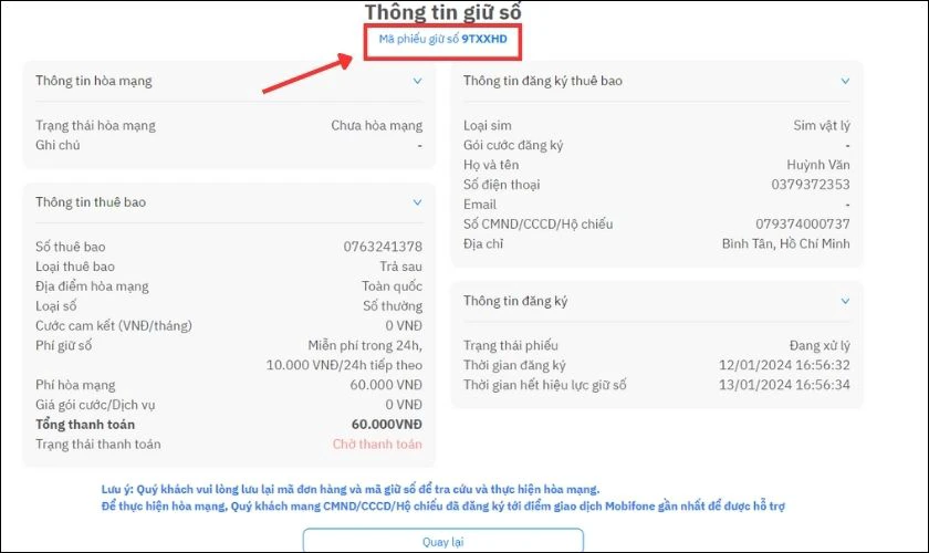 Web sẽ hiển Mã phiếu giữ số của bạn