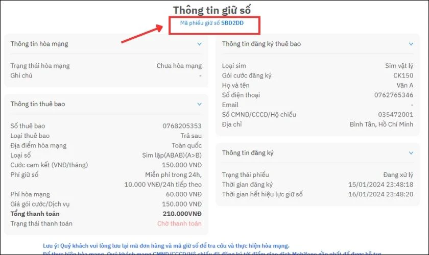Sau khi đ&atilde; ho&agrave;n th&agrave;nh, trang web sẽ hiện M&atilde; phiếu giữ số