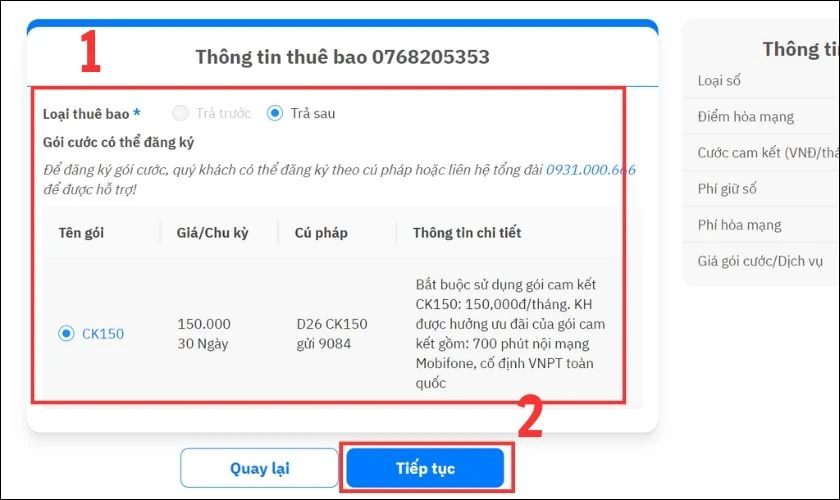 Bạn lựa Loại thu&ecirc; bao v&agrave; G&oacute;i cước bạn muốn đăng k&yacute;
