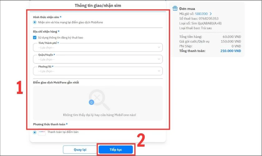 Chọn Địa chỉ nhận h&agrave;ng v&agrave; Điểm giao dịch MobiFone gần nhất