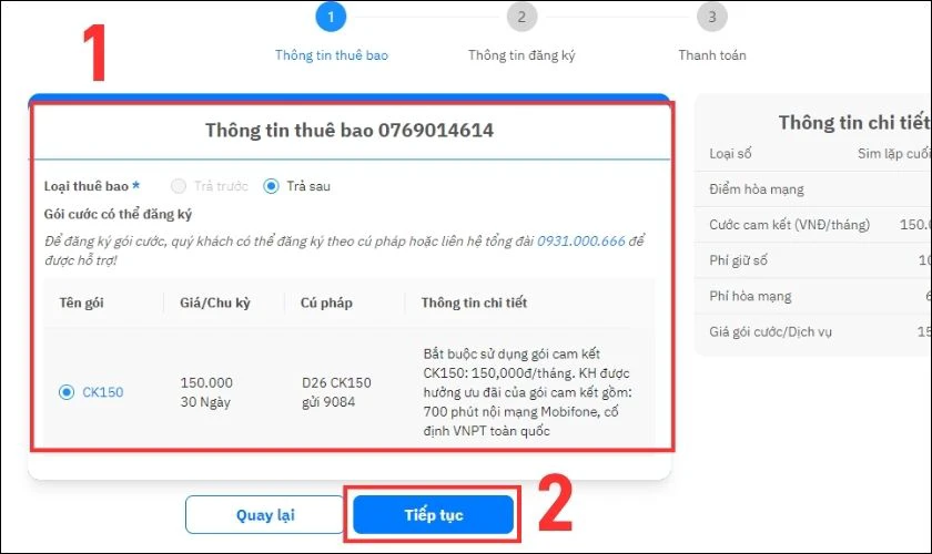 Bạn chọn Loại thu&ecirc; bao v&agrave; G&oacute;i cước cần đăng k&yacute;