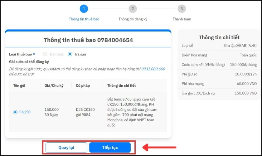 Bạn kiểm tra th&ocirc;ng tin về SIM v&agrave; nhấn Tiếp tục