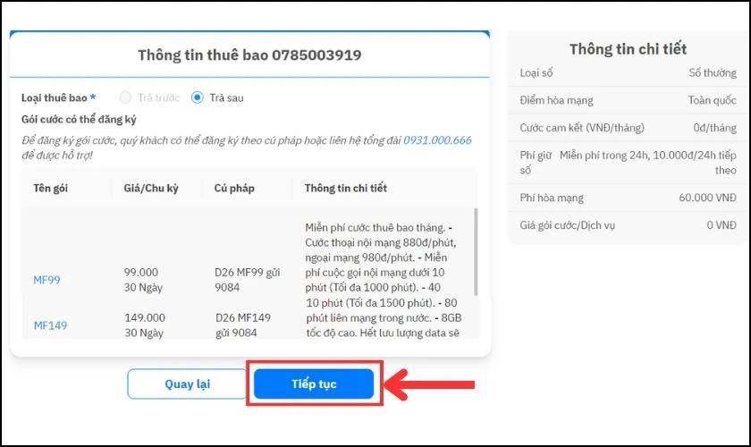 Kiểm tra th&ocirc;ng tin SIM v&agrave; nhấn Tiếp tục