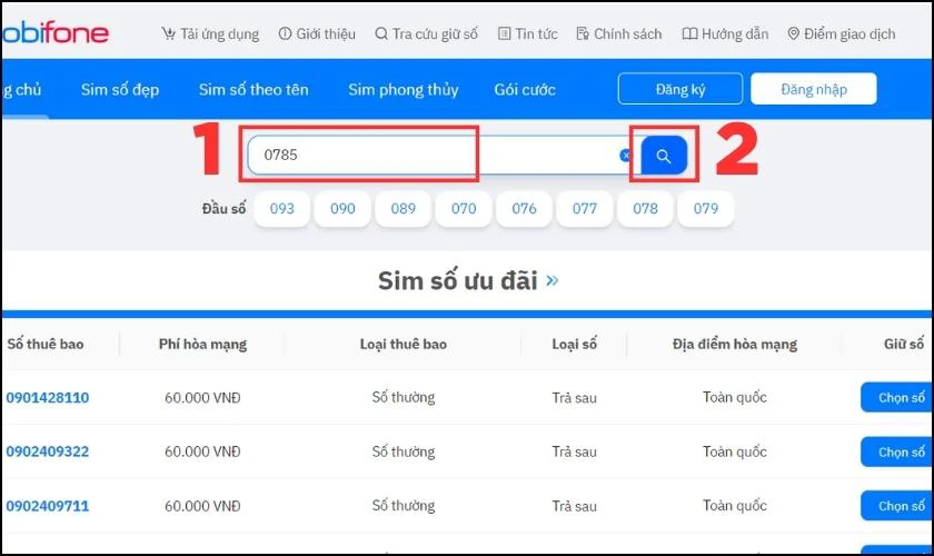 Bạn g&otilde; số 0785 rồi nhấn biểu tượng t&igrave;m kiếm