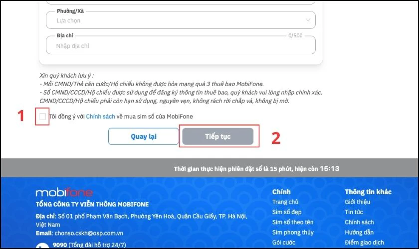 Nhấn tick v&agrave;o T&ocirc;i đồng &yacute; c&aacute;c điều khoản v&agrave; bấm Tiếp theo