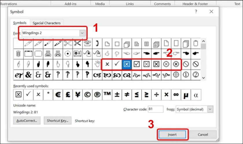 Chọn Font l&agrave; Wingdings 2