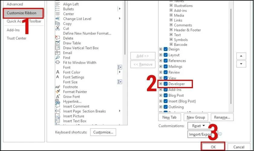 Khi hộp thoại Options xuất hiện, chọn Customize Ribbon
