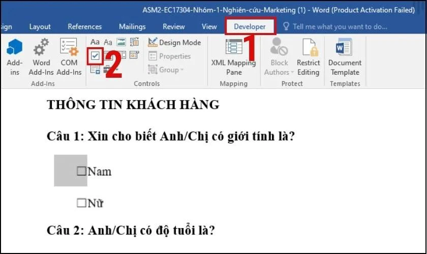 Nhấp v&agrave;o Developer, sau đ&oacute; chọn biểu tượng dấu t&iacute;ch để ch&egrave;n &ocirc; t&iacute;ch v&agrave;o t&agrave;i liệu