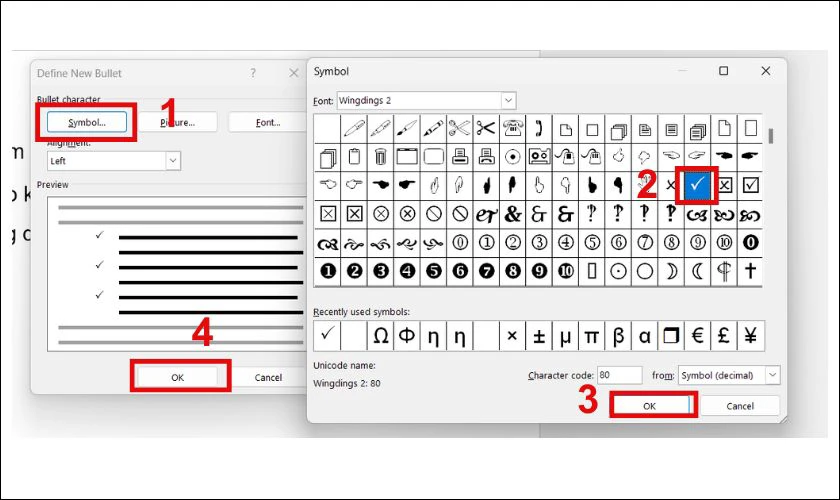 Chọn Symbol, t&igrave;m dấu t&iacute;ch ph&ugrave; hợp v&agrave; nhấn OK