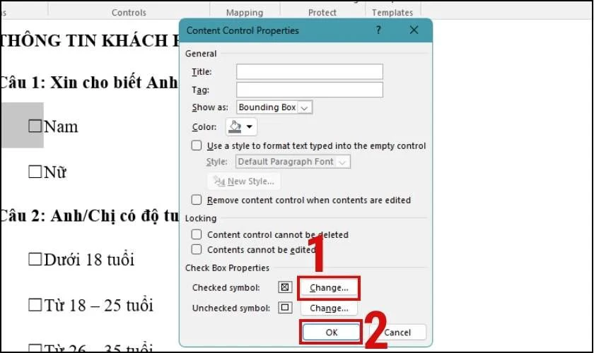 Nhấn Change ở phần Checked symbol, bảng Symbol sẽ xuất hiện