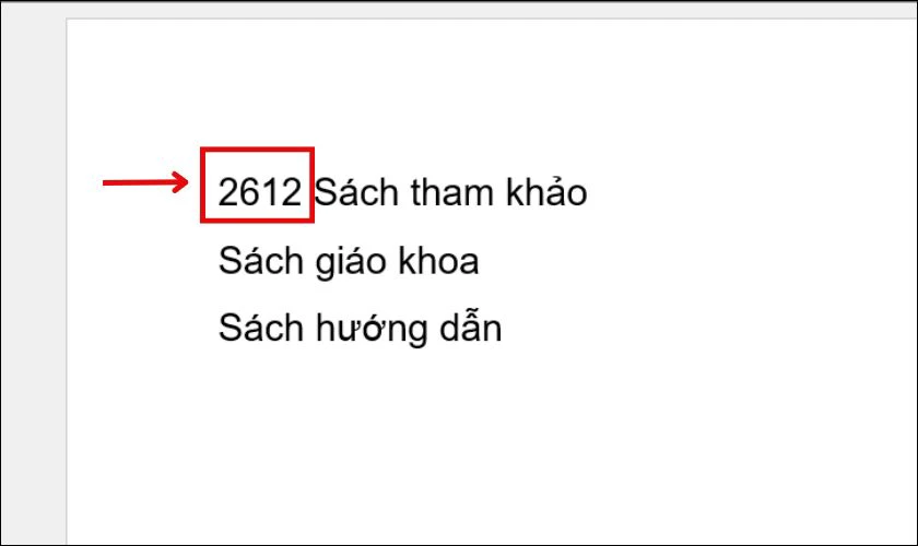 Nhập d&atilde;y số 2612 v&agrave;o đầu nội dung để ch&egrave;n &ocirc; vu&ocirc;ng c&oacute; dấu X