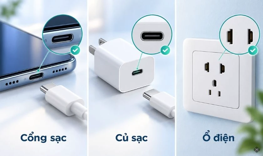 Kiểm tra củ sạc, cổng sạc và nguồn điện