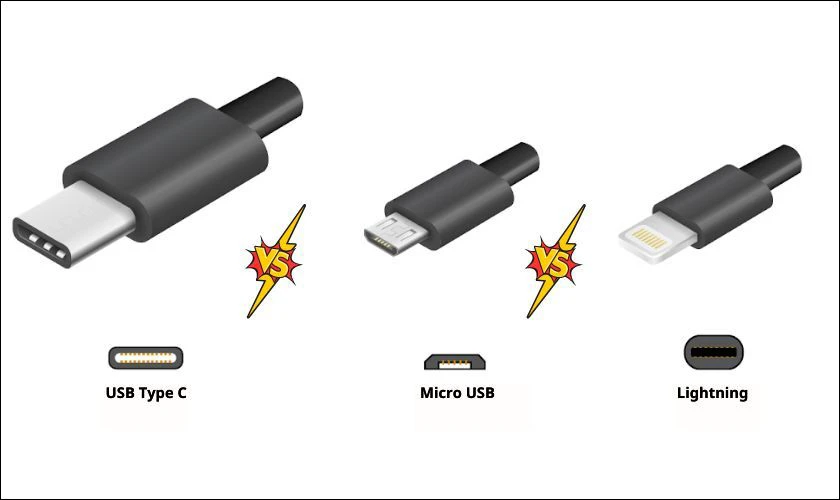 So s&aacute;nh nhanh d&acirc;y sạc Type C, Lightning v&agrave; Micro USB