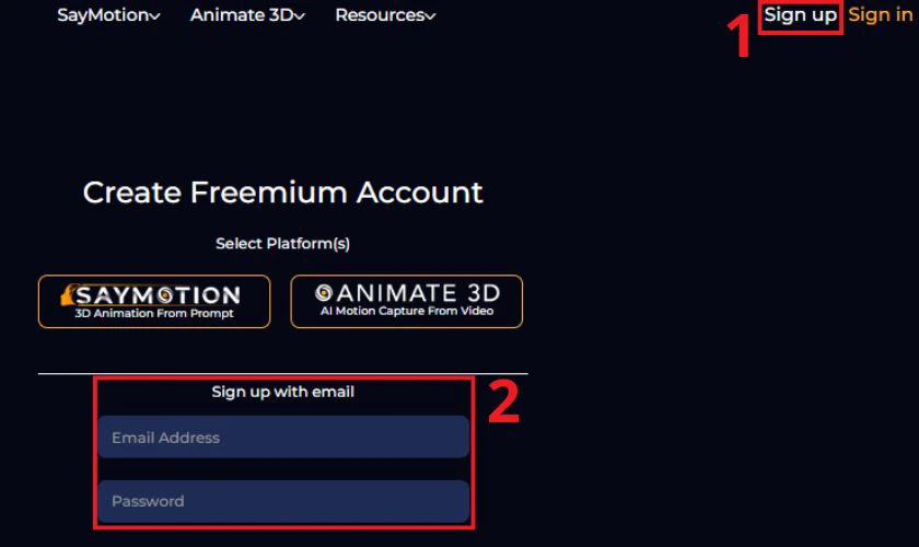 Truy cập Deepmotion.com, chọn Sign Up để tạo t&agrave;i khoản miễn ph&iacute;