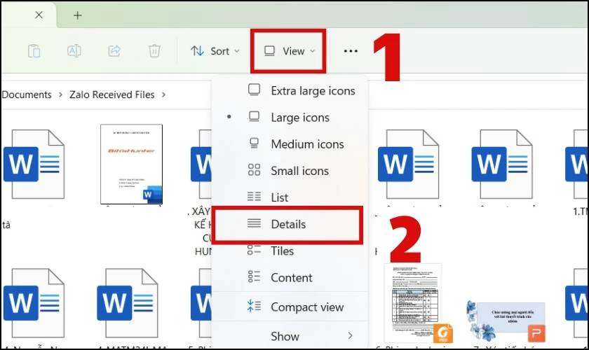 Chọn thẻ View, v&agrave;o Details xem nhanh số từ trong Word nhưng kh&ocirc;ng cần mở file