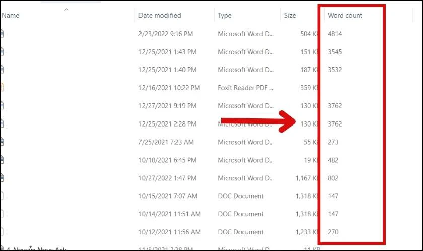 Số từ của c&aacute;c file Word sẽ được hiển thị cuối mỗi file