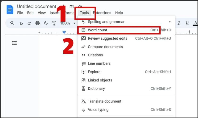 Mở c&ocirc;ng cụ đếm số từ trong Google Docs