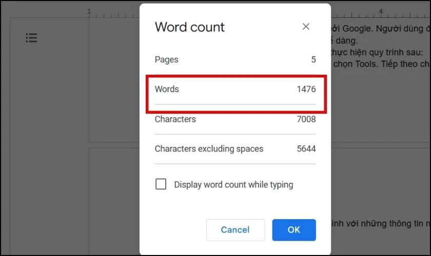 Số từ cần đếm được hiển thị trong Google Docs