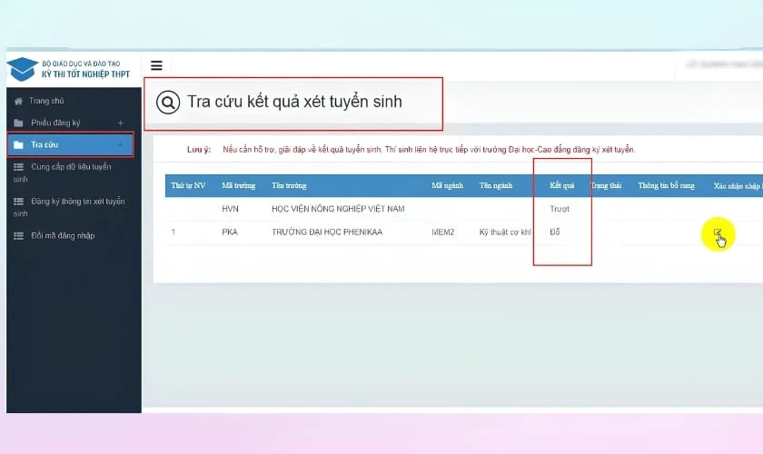 Tìm và chọn mục Tra cứu kết quả xét tuyển sinh trên giao diện