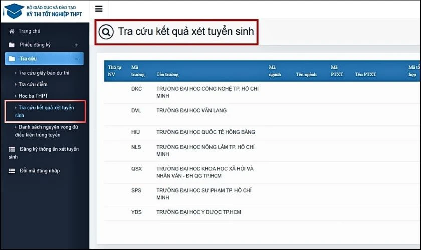 Chọn Tra cứu kết quả tuyển sinh