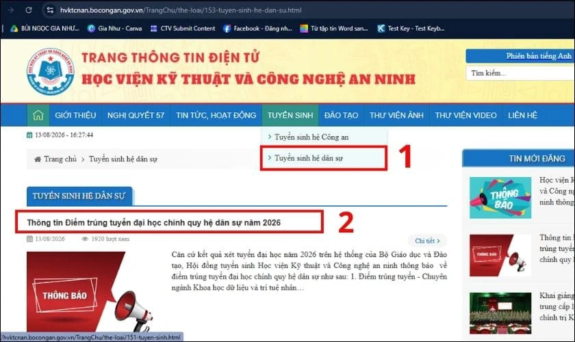 Thông tin điểm trúng tuyển Đại học chính quy hệ dân sự năm 2026